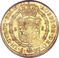 Chile coin 8 Escudos - Fernando VII - Colonial Milled Coinage (1808 - 1811) reverse reverse of 8 Escudos - Fernando VII - Colonial Milled Coinage (1808 - 1811) coin with KM# 72 from Chile. Inscription: · AUSPICE · DEO · · IN · UTROQ · FELIX · 8 S Sᴼ · · F.J