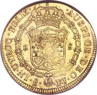 reverse of 8 Escudos - Fernando VII - Colonial Milled Coinage (1808 - 1811) coin with KM# 72 from Chile. Inscription: · AUSPICE · DEO · 	 · IN · UTROQ · FELIX · 8	S Sᴼ · 	 · F.J