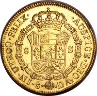 Chile coin 8 Escudos - Carlos III - Colonial Milled Coinage (1772 - 1789) reverse reverse of 8 Escudos - Carlos III - Colonial Milled Coinage (1772 - 1789) coin with KM# 27 from Chile.