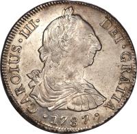 Chile coin 8 Reales - Carlos III - Colonial Milled Coinage (1773 - 1789) obverse obverse of 8 Reales - Carlos III - Colonial Milled Coinage (1773 - 1789) coin with KM# 31 from Chile.