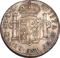 Chile coin 8 Reales - Carlos III - Colonial Milled Coinage (1773 - 1789) reverse reverse of 8 Reales - Carlos III - Colonial Milled Coinage (1773 - 1789) coin with KM# 31 from Chile.
