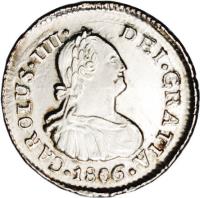 Chile coin 1/2 Real - Carlos IV - Colonial Milled Coinage (1792 - 1808) obverse obverse of 1/2 Real - Carlos IV - Colonial Milled Coinage (1792 - 1808) coin with KM# 57 from Chile.