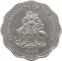 obverse of 10 Cents - Elizabeth II (1974 - 2005) coin with KM# 61 from Bahamas. Inscription: COMMONWEALTH OF THE BAHAMAS 1989