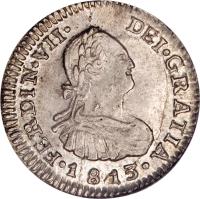 Chile coin 1/2 Real - Fernando VII - Colonial Milled Coinage (1808 - 1817) obverse obverse of 1/2 Real - Fernando VII - Colonial Milled Coinage (1808 - 1817) coin with KM# 64 from Chile.