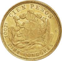 Chile coin 100 Pesos (1926) reverse reverse of 100 Pesos (1926) coin with KM# 170 from Chile. Inscription: CIEN PESOS DIEZ CONDORES