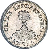 obverse of 1/2 Real (1833 - 1834) coin with KM# 90 from Chile. Inscription: · CHILE INDEPENDIENT · SANTIAGO