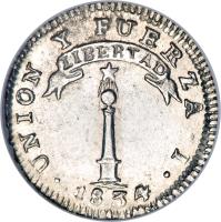 reverse of 1/2 Real (1833 - 1834) coin with KM# 90 from Chile. Inscription: UNION Y FUERZA LIBERTAD · 1834 · I