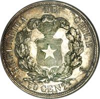 Chile coin 50 Centavos (1862 - 1867) reverse reverse of 50 Centavos (1862 - 1867) coin with KM# 134 from Chile. Inscription: REPUBLICA DE CHILE 50 CENTS OS