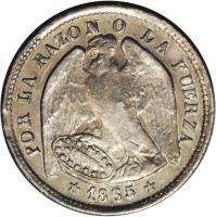 obverse of 1 Décimo (1864 - 1866) coin with KM# 136.1 from Chile. Inscription: POR LA RAZON O LA FUERZA · 1865 ·