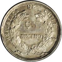reverse of 1 Décimo (1864 - 1866) coin with KM# 136.1 from Chile. Inscription: REPUBLICA DE CHILE · S · UN DECIMO
