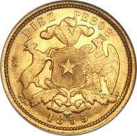 Chile coin 10 Pesos (1895) reverse reverse of 10 Pesos (1895) coin with KM# 154 from Chile. Inscription: DIEZ PESOS 1895