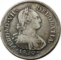 obverse of 2 Reales - Fernando VII (1810 - 1820) coin with KM# 70 from Colombia. Inscription: · FERDND · VII · DEI · GRATIA ·