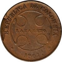 obverse of 50 Centavos - Leprosarium Coinage (1901) coin with KM# L5 from Colombia. Inscription: REPUBLICA DE COLOMBIA LAZARETO * 1901 *