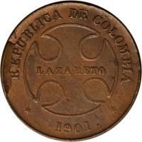 Colombia coin 50 Centavos - Leprosarium Coinage (1901) obverse obverse of 50 Centavos - Leprosarium Coinage (1901) coin with KM# L5 from Colombia. Inscription: REPUBLICA DE COLOMBIA LAZARETO * 1901 *