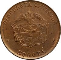 Colombia coin 50 Centavos - Leprosarium Coinage (1901) reverse reverse of 50 Centavos - Leprosarium Coinage (1901) coin with KM# L5 from Colombia. Inscription: CINCUENTA CENTAVOS * BOGOTA *