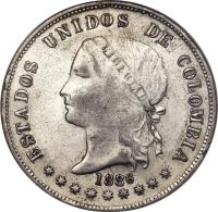 obverse of 50 Centavos (1885 - 1886) coin with KM# 177a from Colombia. Inscription: ESTADOS UNIDOS DE COLOMBIA