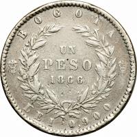 reverse of 1 Peso (1862 - 1868) coin with KM# 139 from Colombia. Inscription: BOGOTA UN PESO LEI 0.900