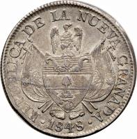 obverse of 10 Reales (1847 - 1849) coin with KM# 107 from Colombia. Inscription: REPUBLICA DE LA NUEVA GRANADA 1848