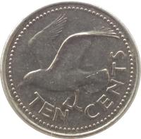 reverse of 10 Cents - Elizabeth II (1973 - 2005) coin with KM# 12 from Barbados. Inscription: PN TEN CENTS