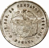 reverse of 50 Centavos (1872 - 1875) coin with KM# 172 from Colombia. Inscription: G 12,500 50 CENTAVOS LEI 0,835 BOGOTA