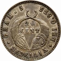 Colombia coin 20 Centavos (1874 - 1884) reverse reverse of 20 Centavos (1874 - 1884) coin with KM# 176 from Colombia.