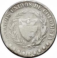 obverse of 2 Decimos (1865) coin with KM# 149 from Colombia.