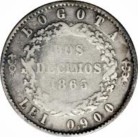 reverse of 2 Decimos (1865) coin with KM# 149 from Colombia.