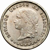 obverse of 50 Centavos (1874 - 1885) coin with KM# 177 from Colombia.