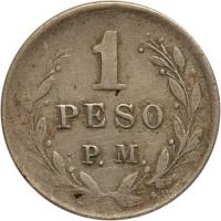 reverse of 1 Peso - Leprosarium Coinage; Papel Moneda (1907) coin with KM# L6 from Colombia. Inscription: 1 PESO P.M.