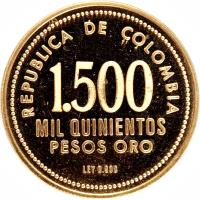 Colombia coin 1500 Pesos - Gold Museum of Central Bank of Bogota (1973) reverse reverse of 1500 Pesos - Gold Museum of Central Bank of Bogota (1973) coin with KM# 255 from Colombia. Inscription: REPUBLICA DE COLOMBIA 1.500 MIL QUINIENTOS PESOS ORO LEY 0.900