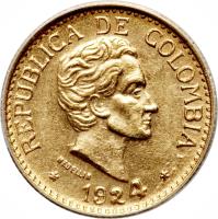 obverse of 5 Pesos (1924 - 1930) coin with KM# 204 from Colombia. Inscription: REPUBLICA DE COLOMBIA 1924