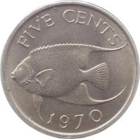Bermuda coin 5 Cents - Elizabeth II - 2'nd Portrait (1970 - 1985) reverse reverse of 5 Cents - Elizabeth II - 2'nd Portrait (1970 - 1985) coin with KM# 16 from Bermuda. Inscription: FIVE CENTS 1970