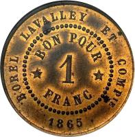 reverse of 1 Franc - Borel Lavalley (1865) coin with KM# Tn7 from Egypt. Inscription: BOREL LAVALLEY ET COMPIE BON POR 1 * FRANC * 1865