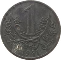 reverse of 1 Koruna (1941 - 1944) coin with KM# 4 from Bohemia and Moravia. Inscription: 1 1941
