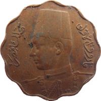 obverse of 5 Millièmes - Farouk I (1938 - 1943) coin with KM# 360 from Egypt. Inscription: فاروق الأوّل ملك مصر