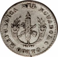 obverse of 1/2 Real (1838 - 1840) coin with KM# 22 from Ecuador. Inscription: REPUBLICA DEL ECUADOR QUITTO