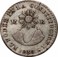 Ecuador coin 1/2 Real (1838 - 1840) reverse reverse of 1/2 Real (1838 - 1840) coin with KM# 22 from Ecuador. Inscription: EL PODER EN LA CONSTITUTION 1838.S.T M R