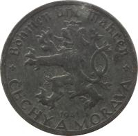 Bohemia and Moravia coin 20 Haléřů (1940 - 1944) obverse obverse of 20 Haléřů (1940 - 1944) coin with KM# 2 from Bohemia and Moravia. Inscription: BÖHMEN UND MÄHREN ČECHY A MORAVA 1941