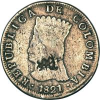 obverse of 8 Reales - Countermarked (1820 - 1821) coin with KM# 10 from Ecuador. Inscription: REPUBLICA DE COLOMBIA 1821