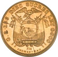 reverse of 10 Sucres (1899 - 1900) coin with KM# 56 from Ecuador. Inscription: G.8 · 136 DIEZ SUCRES LEY 0 · 900 J.M BIRMINGHAM