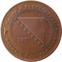 obverse of 20 Feninga (1998 - 2013) coin with KM# 116 from Bosnia and Herzegovina. Inscription: Босна и Херцеговина 2007 Bosna i Hercegovina
