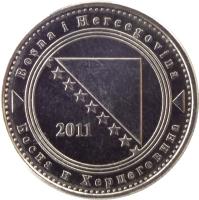 obverse of 5 Feninga (2005 - 2013) coin with KM# 121 from Bosnia and Herzegovina. Inscription: Bosna i Hercegovina Босна и Херцеговина
