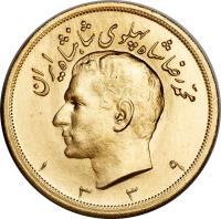 Iran coin 5 Pahlavī - Mohammad Reza Shah Pahlavi (1960 - 1974) obverse obverse of 5 Pahlavī - Mohammad Reza Shah Pahlavi (1960 - 1974) coin with KM# 1164 from Iran. Inscription: محمّدرضا شاه پهلوی شاهنشاه ایران ۱۳۳۹