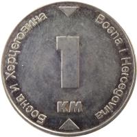 Bosnia and Herzegovina coin 1 Konvertible Marka (2000 - 2009) reverse reverse of 1 Konvertible Marka (2000 - 2009) coin with KM# 118 from Bosnia and Herzegovina. Inscription: Босна и Херцеговина Bosna i Hercegovina 1 KM