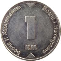 reverse of 1 Konvertible Marka (2000 - 2009) coin with KM# 118 from Bosnia and Herzegovina. Inscription: Босна и Херцеговина Bosna i Hercegovina 1 KM