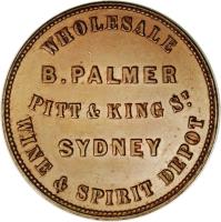 reverse of 1 Penny - B. Palmer Sydney, New South Wales (1862) coin with KM# Tn187 from Australia. Inscription: WHOLESALE B.PALMER PITT & KING ST. SYDNEY WINE & SPIRIT DEPOT