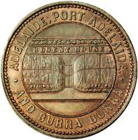 obverse of 1/2 Penny - Crocker & Hamilton Adelaide, South Australia (1857) coin with KM# Tn39 from Australia. Inscription: · ADELAIDE ; PORT ADELAIDE. · REGENT HOUSE AND BURRA BURRA