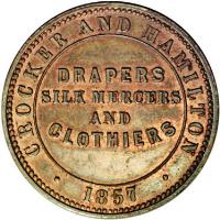reverse of 1/2 Penny - Crocker & Hamilton Adelaide, South Australia (1857) coin with KM# Tn39 from Australia. Inscription: CROCKER AND HAMILTON DRAPERS SILK MERCERS AND CLOTHIERS · 1857 ·