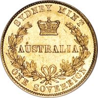 Australia coin 1 Sovereign - Victoria (1857 - 1870) reverse reverse of 1 Sovereign - Victoria (1857 - 1870) coin with KM# 4 from Australia. Inscription: SYDNEY MINT AUSTRALIA ONE SOVEREIGN