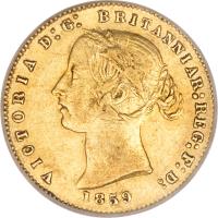 obverse of 1/2 Sovereign - Victoria (1857 - 1866) coin with KM# 3 from Australia. Inscription: VICTORIA D:G: BRITANNIAR:REG:F:D: 1859